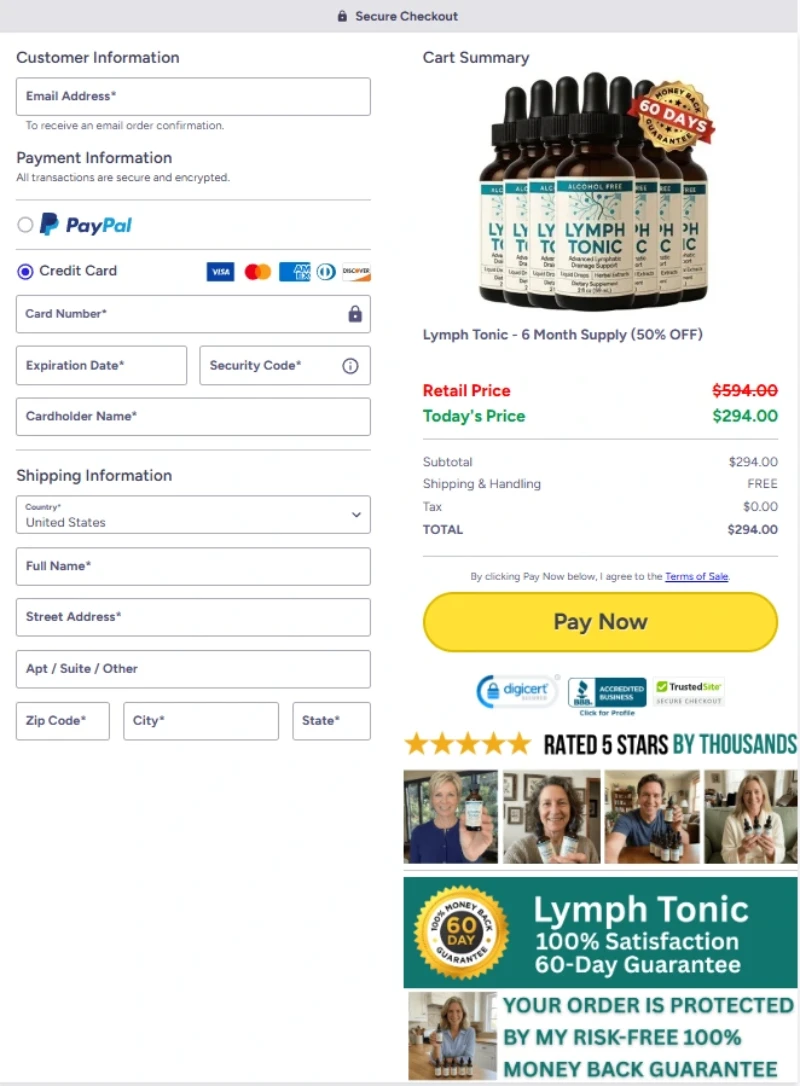 Secure encrypted payment for Lymph Tonic checkout
